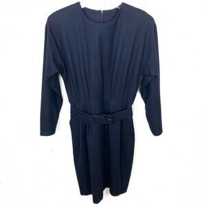 Vintage Lands End Wool Crewneck Dress Belted Knee Length Polyester Lined Skirt 8